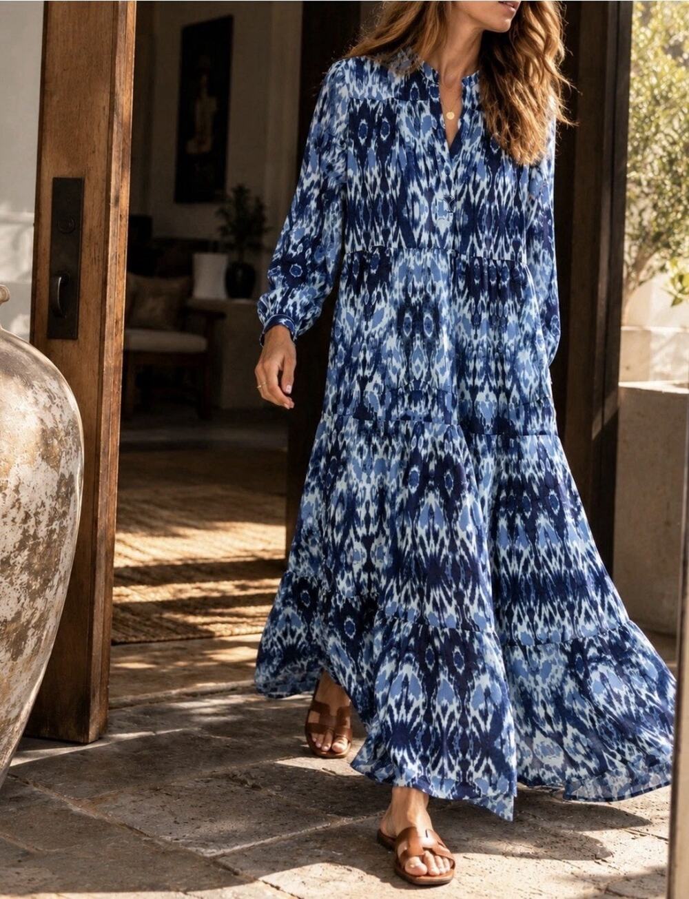 Ro's Garden Tyla Long Cotton Tiered Ikat Boho Maxi Dress Blue M